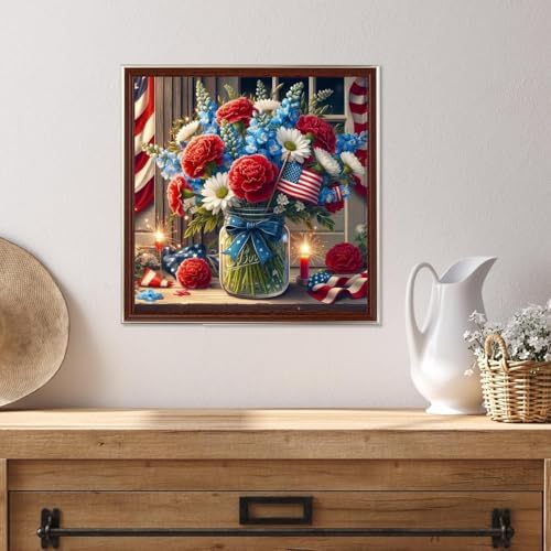 wavaiov 5D Diamond Painting Kits for Adults Beginners, American Flag Flower Full Round Drill Diamond Art Kits, Independence Day Gem Art Paint by Diamonds Dots Crafts Kits for Home Decor 12x12Inch