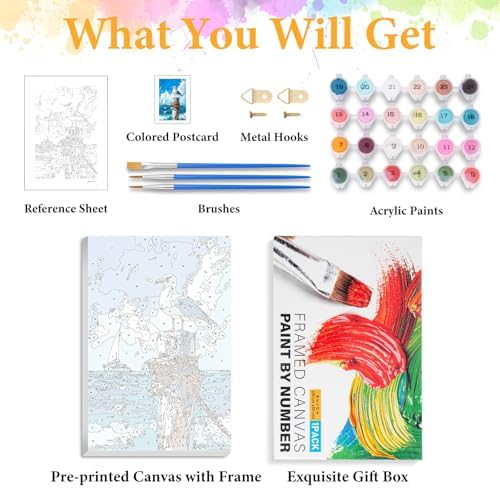Framed Paint by Numbers Kit for Adults, Seagull Ocean Decor 8x12 Inch