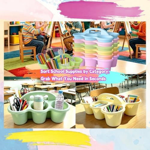 6 Pack Classroom Caddy Organizer with Handle Pastel Plastic Table Caddy 6 Compartments Storage Cup Holder for School Supplies Art Crafts Crayons Pencils Stackable Desk Caddy for Office Home