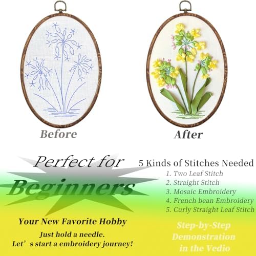 FONNUY Ribbon Embroidery 3D Flowers Pattern Design Kit Embroidery DIY Handwork Set Oval Home Decoration (Yellow Camellia)