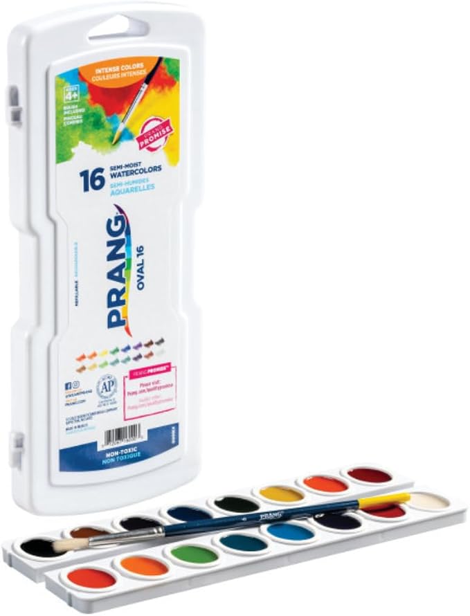 Prang Semi-Moist Watercolors 16-Color Oval Pan Set, Pack of 6 | Refillable, Wax-Free Pigments, Mixing Tray in Lid, Size 6 Paintbrush Included