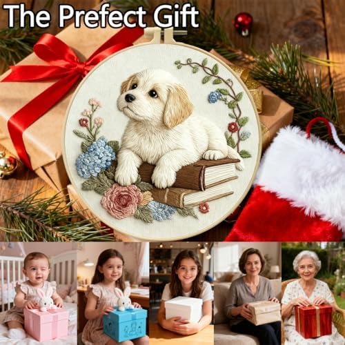 Zhenqing Dog on Books Embroidery Kit for Beginners, Pre-Printed 29x29cm Circular Cotton Fabric with 20cm Hoop, Cozy Pet and Hydrangea Floral Design for Home Decor (C0206)