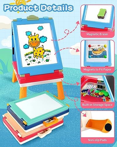 Elovien Easel for Kids, 4 in 1 Double Sided Art Easel with Chalkboard & Magnetic Whiteboard, Foldable Kids Tabletop Easel with Drawing & Writing Accessories - Gift for Boys and Girls (Blue)