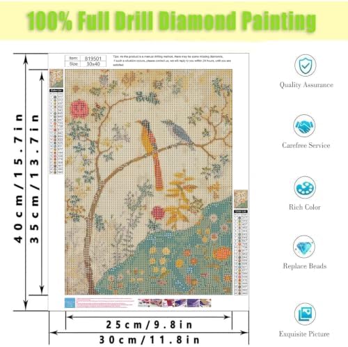 Diamond Art Kits for Adults,Vintage Plant Bird Diamond Painting Kit 12X16In