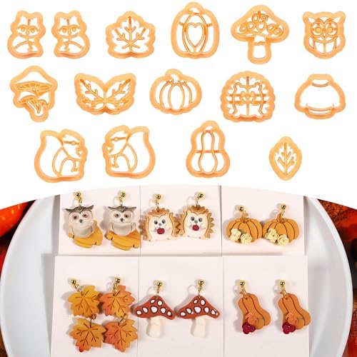 Puocaon Fall Polymer Clay Cutters - 15 Pcs Fall Themed Pumpkin Maple Leaf Mushroom Owl Fox for Earrings Jewelry Making Autumn Clay Earrings Cutters