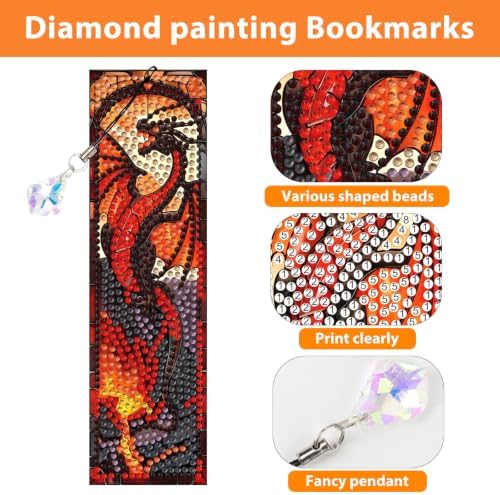 Mandun 4 Pcs Dragon Diamond Painting Bookmark Kits, Special Shaped Diamond Art Bookmarks with Pendant, DIY Dragon Diamond Art Bookmarks with Tassels Crafts Gifts Supplies