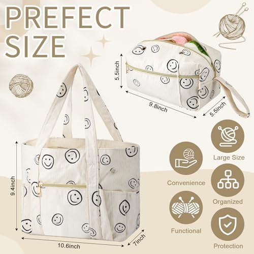 Bulyoou 2 Pcs Crochet Bag and Tote Set, Corduroy Yarn Bag with Grommets, Smile Face Crochet Project Bags Organizer for Hooks, Needles, Knitting Accessories, Gifts for Women Yarn Crafts Lovers