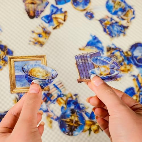 56 PCS Blue Gold Fantasy Magical Celestial Clear Stickers, Dreamy Watercolor Fairytale Aesthetic Scrapbook Stickers for Journaling Planner Laptop Decor