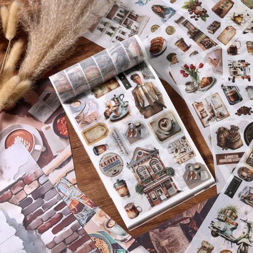 Scrapbooking Stickers - 500 Pre-Cut Washi Stickers & 20 Scrapbook Papers Coffee and People Sticker Books for journaling Scrapbooking Supplies