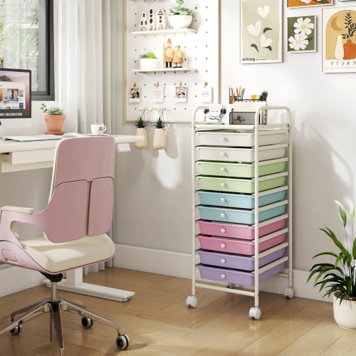 COSTWAY 10-Drawer Rolling Storage Cart, Ice Cream Colorful