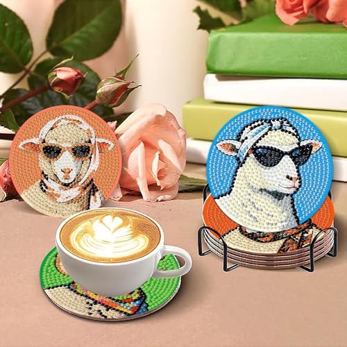 8 Pcs Sheep Diamond Art Coasters with Holder,DIY Sheep Wearing Glasses Diamond Painting Coasters Kits with Cork Pads,5D Full Round Drill Rhinestone Painting Art Crafts for Holiday Gifts 4X4 Inch.