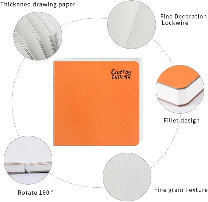 Square 3.9X3.9 300gsm Portable Fine Textures Watercolor Paper Pad Journal 60pgs (30 Sheets) Travel Size for Calligrapher Watercolor Sketch Book Water Color Paper Notebook. Orange