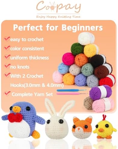 Coopay 18 Colors Crochet Yarn Kit with Hooks, Mini Acrylic Yarn Set