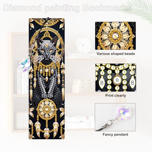 4-Piece Dreamcatcher Cat Diamond Painting Bookmarks Set for Adults – DIY 5D Rhinestone Art Bookmark Kits with Tassels, Beautiful Diamond Art Bookmarks for Crafts and Gifts