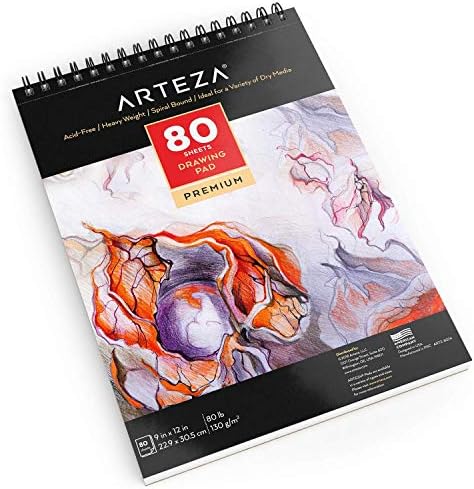 ARTEZA Drawing Paper Pad, 9 x 12 Inches, Pack of 1, 80 Sheets, Spiral Bound Artist Drawing Books, Durable Acid Free White Sketch Paper