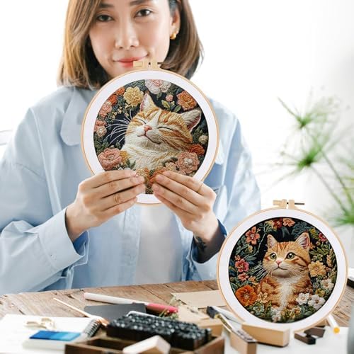 FONNUY 2 Set Embroidery Kit DIY for Adult Beginner, Pre-Stamped Patterns Mountain Sea Embroidery Kits with Hoop, Colored Threads and Needles, Easy to Follow Needlework (Cute Cats)