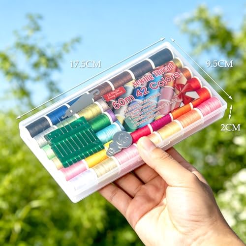All Purpose Sewing Thread Set - 42 Assorted Rainbow Color Series and White Black Handy Polyester Thread Kit Includes 9 Hand Needles, 2 Needle Threaders, Suitable for Hand and Machine Sewing