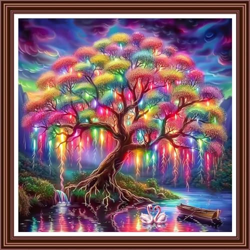 Dimensean Counted Cross Stitch Kit for Beginners, 11CT Unprinted Cross-Stitch Kit Easy Patterns Needlepoint Kit Cross Stitching Embroidery Kit Supplies-Colorful Tree of Life Swan 18x18 inch