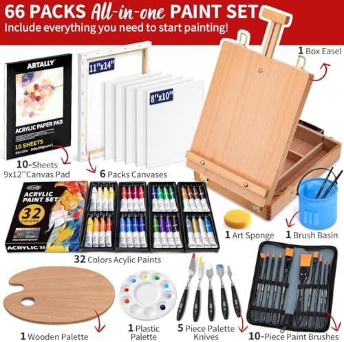 ARTALLY 66-Piece Acrylic Painting Kit with Desktop Easel,32 Colors Acrylic Paint Set(22ML), Paint Brush Set & Case, Brush Basin, Complete Art Supplies Painting Set for Adults, Artists, Beginners