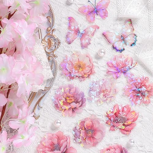 Doraking 60 Pieces Glitter Shiny Flower Stickers for Journaling Art Crafts | Waterproof Decorative Decal for Scrapbooking Supplies Journal Planners Photo Album Decor (Pink)