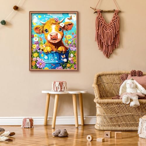 Yunnuo Cow Paint by Numbers Kit for Adults,Highland Cow Flowers Paint by Number Canvas,Acrylic Simple Painting by Numbers for Adults Beginners,Perfect for Home Wall Decor and Gifts(19.7x15.7 inches)
