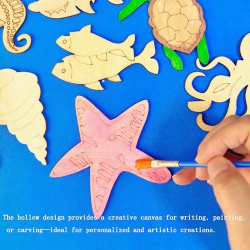54PCS Ocean Unfinished Blank Wooden Cutouts Craft for Kids | suit for Children's Painting DIY Room Decoration Gift Giving Surprise (54Ocean)