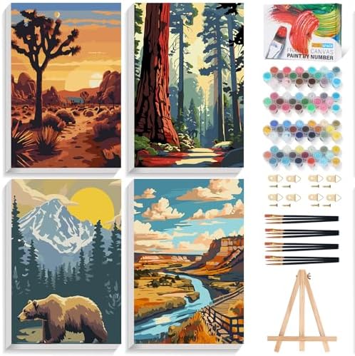4 Pack Framed Paint by Numbers Kit for Adults Beginner with Wooden Easel, National Park Easy Adult Paint by Number Kits with Frame, DIY Number Painting for Adults Canvas for Home Decor Gift 8x12 Inch