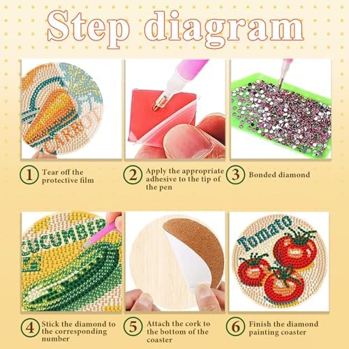 DOTSOPS 6 Pcs Vegetable Diamond Painting Coasters with Holder for Beginners