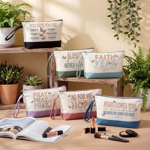 12 Pcs Jesus Canvas Makeup Bags with Zipper DIY Craft Morandi Cosmetic Bags Bulk Heat Transfer Travel Toiletry Pouch for Women Colleagues Friends Christmas Vacation