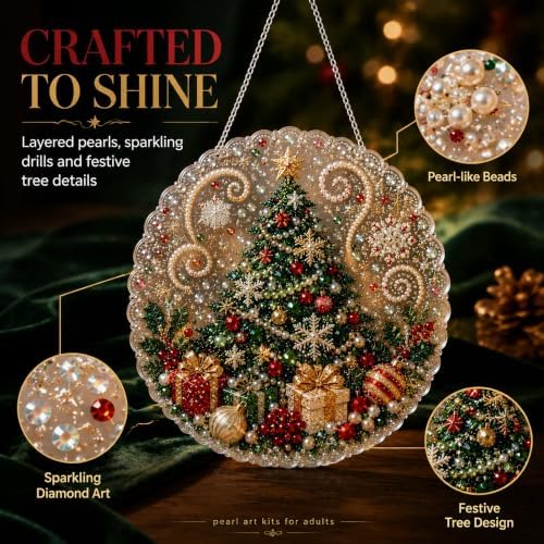 Christmas Pearl Diamond Painting Suncatcher Kit, Pearl Diamond Art Kits for Adults | 3D Mixed-Sized Christmas Bead Art Craft with Acrylic Round Board for Home Decor and Holiday Gifts (Style C)