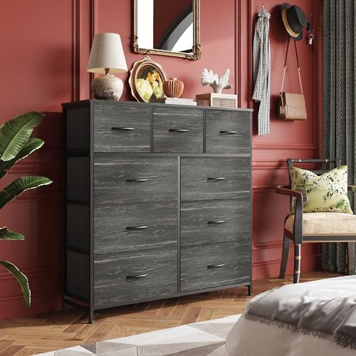 WLIVE Tall Dresser for Bedroom, 9 Drawer Chest of Drawers, Black Wood Grain | 9 roomy fabric drawers, Tall storage design, Bedroom or closet use, Sturdy steel frame, Smooth wood tabletop