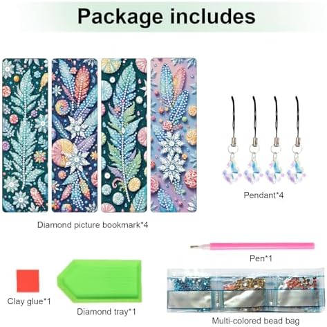 4 Pcs DIY 5D Diamond Painting Bookmark Kits, Special Shaped Acrylic Crystal Rhinestones Book Marks, Feather Diamond Art Bookmarks Crafts with Crystal Pendant, Handmade Tassel Bookmarks Gift Set