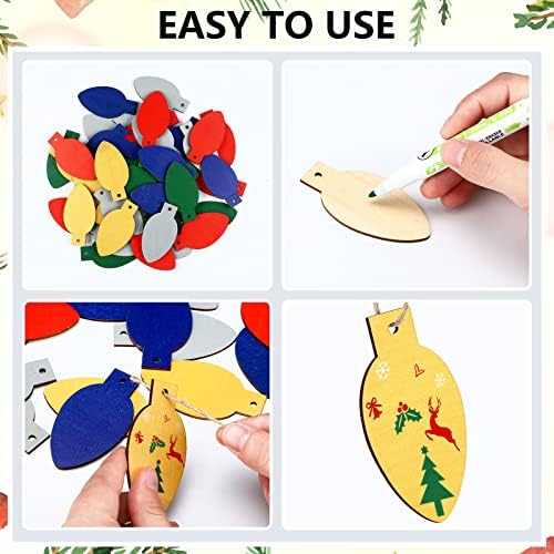 Queekay 50 Pcs Christmas Unfinished Wooden Light Bulb Wooden Slices Blank Hanging Decorations with Rope Unfinished Predrilled Discs for Christmas Crafts DIY Decoration(Multi Colors)