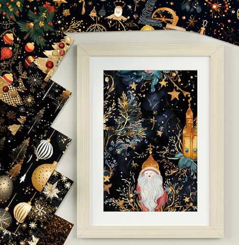 6x6 Scrapbook Paper Pad - Black Gold Christmas 160gsm Heavyweight Cardstock, 24 Pcs Vintage Santa & Reindeer Decorative Paper for Holiday Cards, Junk Journal & DIY Crafts
