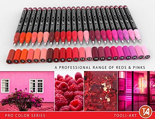 Acrylic Paint Pens 22 Red & Pink Tones Assorted Pro Color Series Markers Set 0.7mm Extra Fine Tip for Rock Painting, Glass, Mugs, Wood, Metal, Canvas, Projects, Non Toxic, Waterbased, Quick Drying