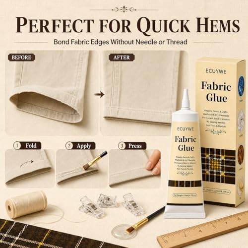 Fabric Glue Permanent, 4.23oz-120ML No Sew Clear Clothes Adhesive with Precision Applicator Quick for Patches Hems and Rhinestones Industrial Grade Strong Bond for Denim Cotton Polyester Leather etc.