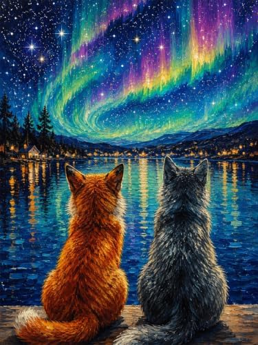 MBNTJHT Cat Diamond Painting Kits for Adult Beginners,Aurora Scenery Diamond Art Kits for Adults,DIY 5D Full Drill Starry Night Gem Art and Crafts for Home Decor Gifts 12X16 Inch.