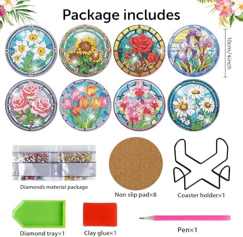 Diamond Art Coasters Kit, 8 Pieces Flowers Diamond Painting Coasters Kit