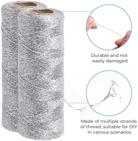 Silver String Silver Twine 658 Feet 1.5mm Silver String for Ornaments Christmas String Twine for Gift Wrapping Inelastic Glitter Silver Cording for Crafts Gold Thread Wedding DIY Decoration
