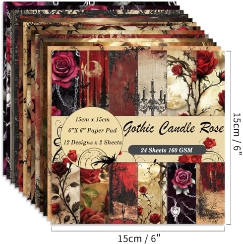 6x6" Cardstock Single Sided Scrapbooking,Craft Decorative Scrap Book Paper | 160gsm,24-Sheet 12Patterns Colored Paper,Junk Journal Supplies,Vivid Origami Papers DIY Craft Gift Wrapping Album.Candle Rose