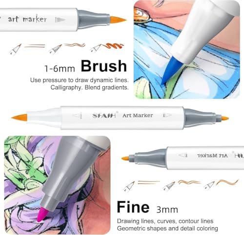 SFAIH Alcohol Markers Brush & Fine Tip 321 Set - Dual Tip Professional Artist Markers for Adult Coloring Books, Illustration, Manga, Animation, Architecture Sketching - Refillable Ink