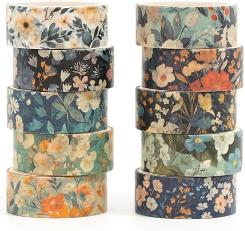 10 Rolls Blooming Flowers Washi Tape Set Floral Arts Adhesive Tapes Colorful Garden Decorative Masking Tape Sets for Craft, Kids, Scrapbook, DIY, Gift Wrapping (6-Silence)
