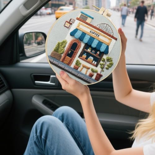 FONNUY Coffee Shop Embroidery Kit, Vintage Cafe Pre-Stamped Pattern Kits Handmade DIY Embroidery Set Suitable for Both Adults and Beginners Color Thread Needlework, 8'' Hoop (Blue)