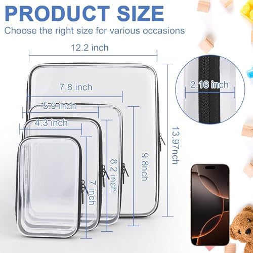YOPCDJ Clear Hard Shell Zipper Case, Clear Zipper Pouches Waterproof Makeup Organizer & Travel Toiletry Storage Bag, Plastic Pouch for Office, Home, Black, 4Pack XL+L+M+S