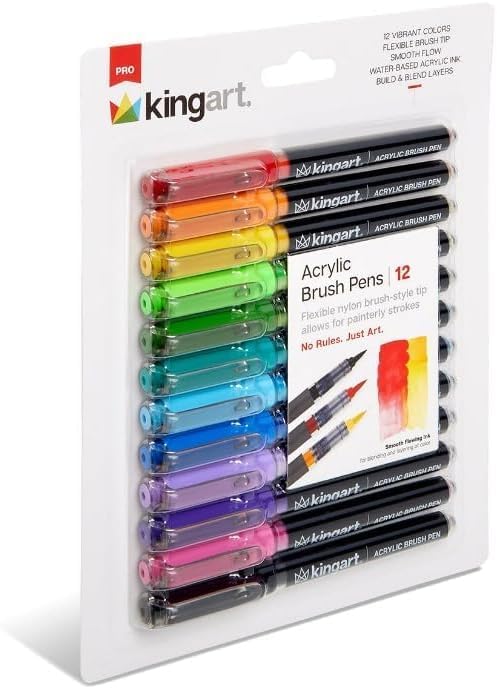 KINGART Acrylic Paint Markers Brush Tip, 12 Vibrant Colors. Water-based, no-bleed, waterproof pens with automatic ink control for rock, egg, wood, fabric, glass & DIY crafts