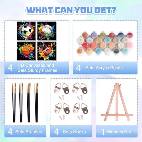 bleihum 4 Pack Paint by Numbers Kit for Kids with Frame Wooden Easel 8x8In | Easy Paint by Number Kids Sports, DIY Acrylic Oil Football Painting by Numbers for Home Wall Decor