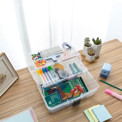 MyGift 13 Inch Clear Plastic Multipurpose Storage Box Gray Handle, 2 Trays
