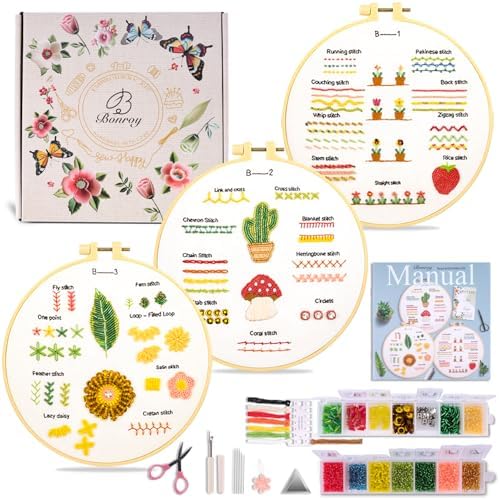 Bonroy Beginners Embroidery Practice kit 3 Sets to Learn 30 Different Stitches for Craft Lover Hand Stitch with Embroidery Fabric with Skill Techniques (BY-BD-S)