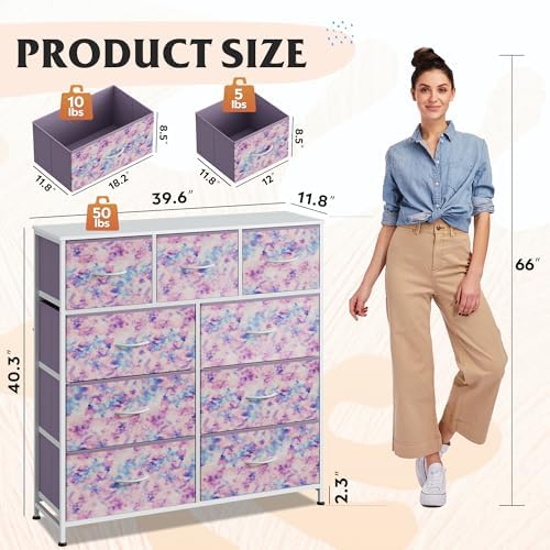 WLIVE Tall Dresser for Bedroom, 9 Drawer Chest of Drawers, Tie-Dye | 9 roomy fabric drawers, Tall storage design, Bedroom or closet use, Sturdy steel frame, Smooth wood tabletop