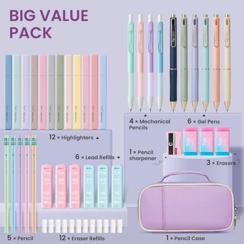 Taja Cute Pencil Case With School Supplies, 39 PCS, Stationery Set, Purple